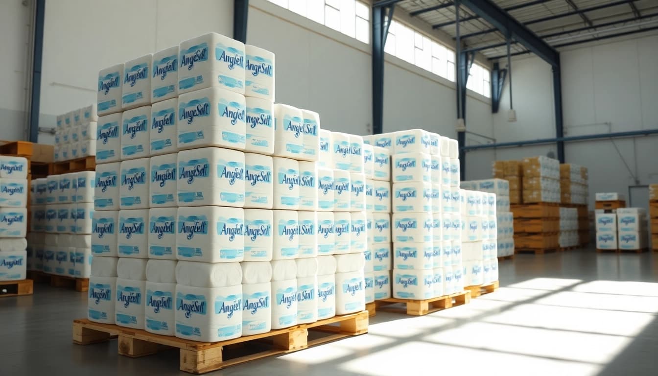Showcasing Angel Soft Toilet Paper Pallets stacked neatly in a bright, organized warehouse environment.