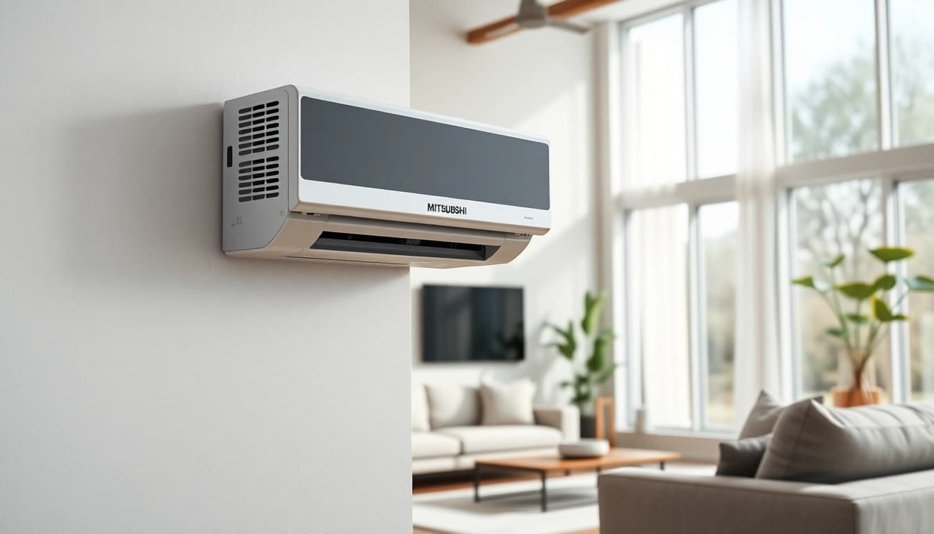 A sleek Mitsubishi mini split AC unit enhances a modern living room's aesthetic and comfort.