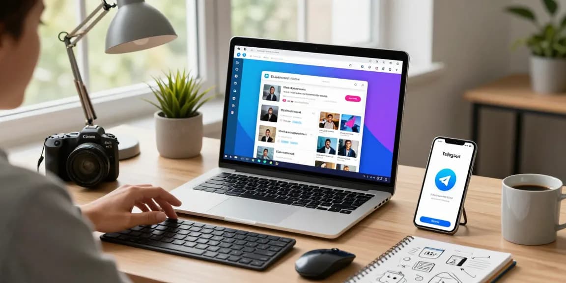 Interactive user exploring Telegram Web Version on a laptop in a dynamic workspace.