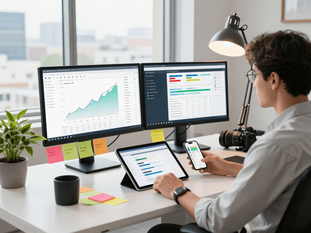 Espaço de trabalho digital marketing com foco em multicanais, mostrando dashboards e smartphone com notificações.