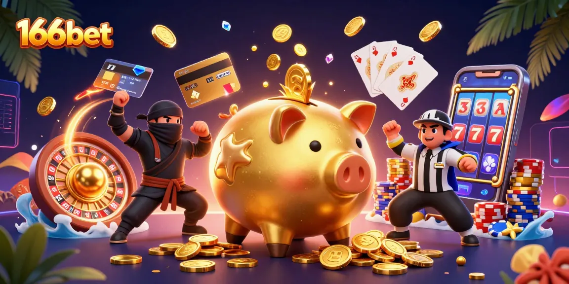 Engage with 166bet through thrilling casino action, featuring a golden piggy bank wrestler amid dynamic gaming elements.