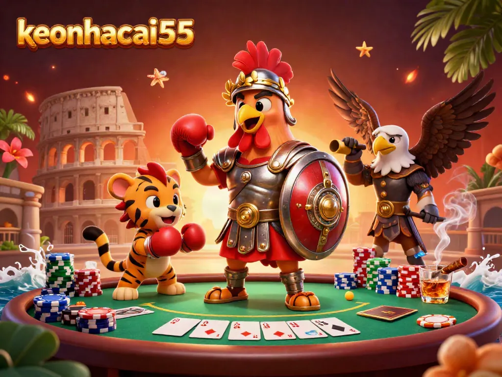 Engage with keonhacai55 in this vibrant scene of a gladiator rooster amidst colorful casino elements.