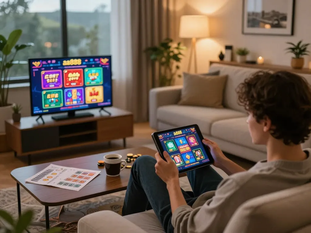 Engaging player exploring games on the aa888 casino app during a cozy evening at home
