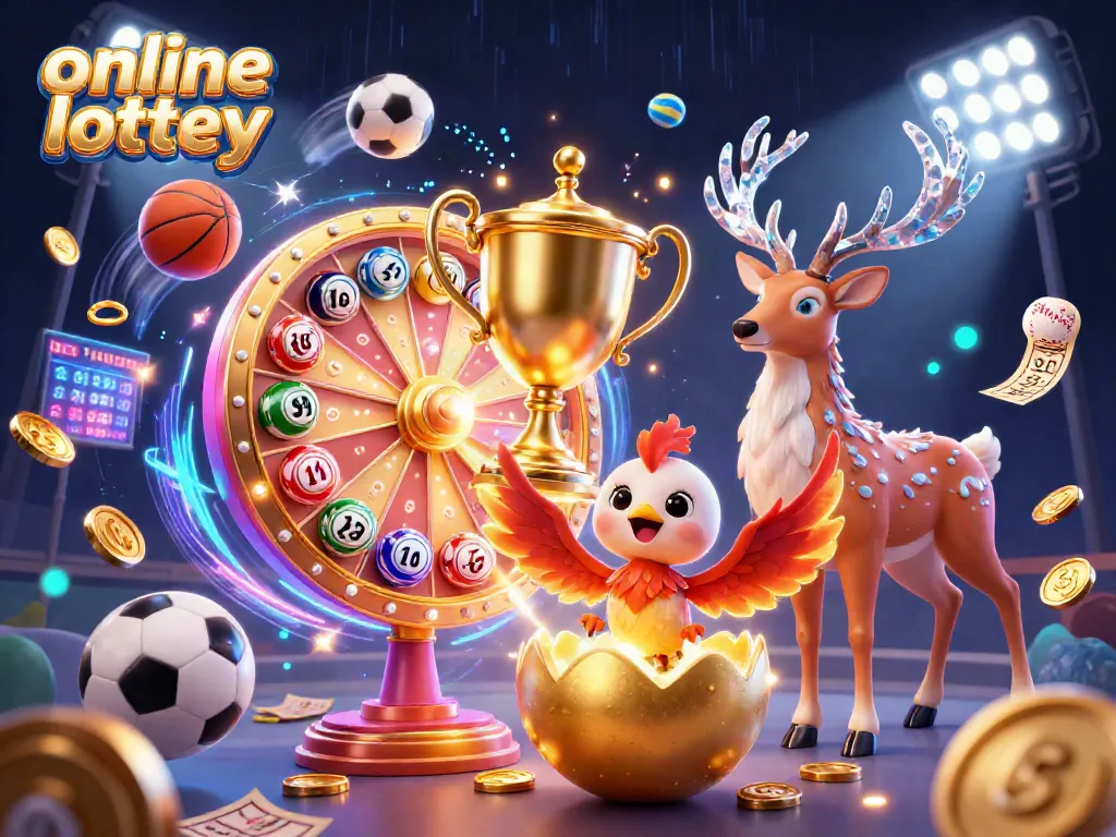 Experience the excitement of online lottery with vibrant elements and magical characters bringing luck and winning potential.