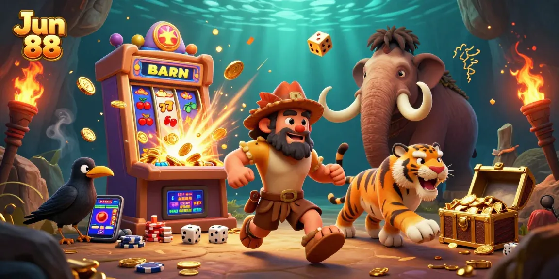 Experience thrilling wins at Jun 88 casino with ancient characters, slot machines, and luxurious elements.
