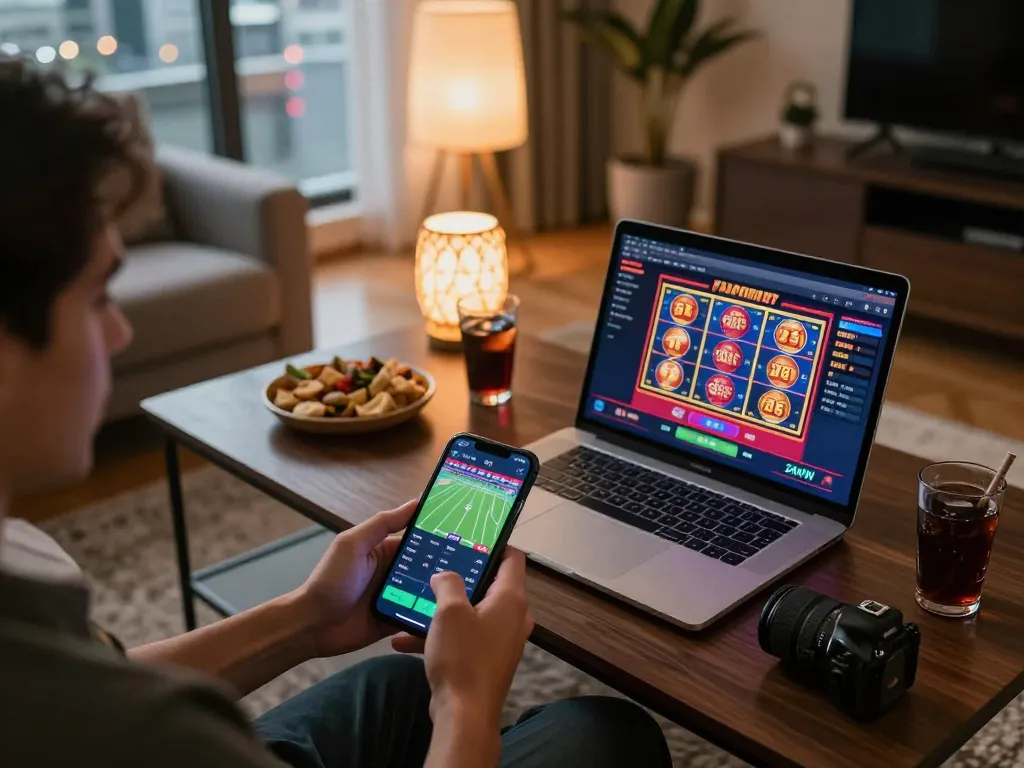 Engaged user utilizing 75W gambling app on smartphone while seated in a modern living room.