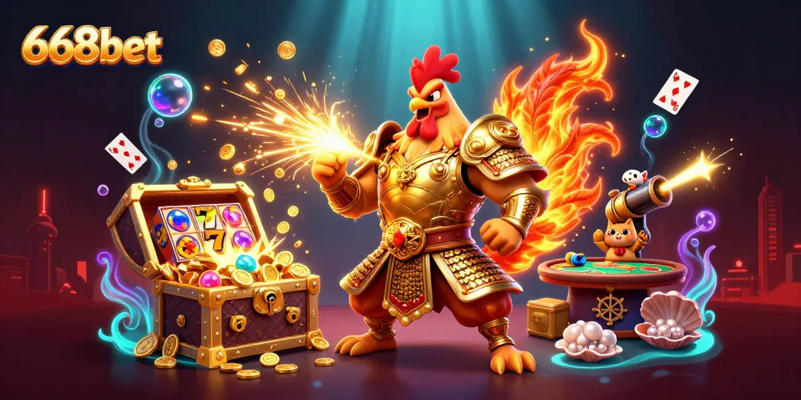 Engage in thrilling gaming at 668bet, featuring a warrior rooster and dragon in a vibrant casino scene.