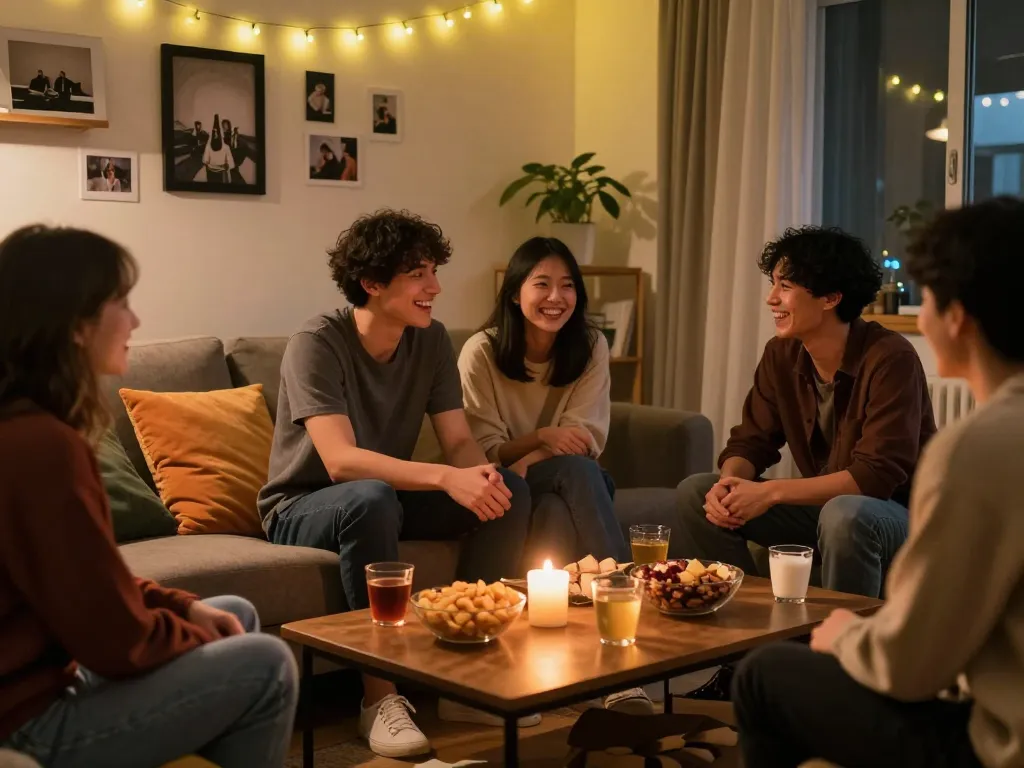 Young adults sharing experiences and having a crush on each other in a cozy living room setting.