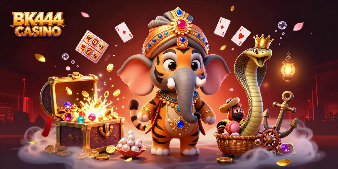 Engage with BK444 CASINO’s vibrant gaming experience featuring a rich 3D scene with slots and treasures.