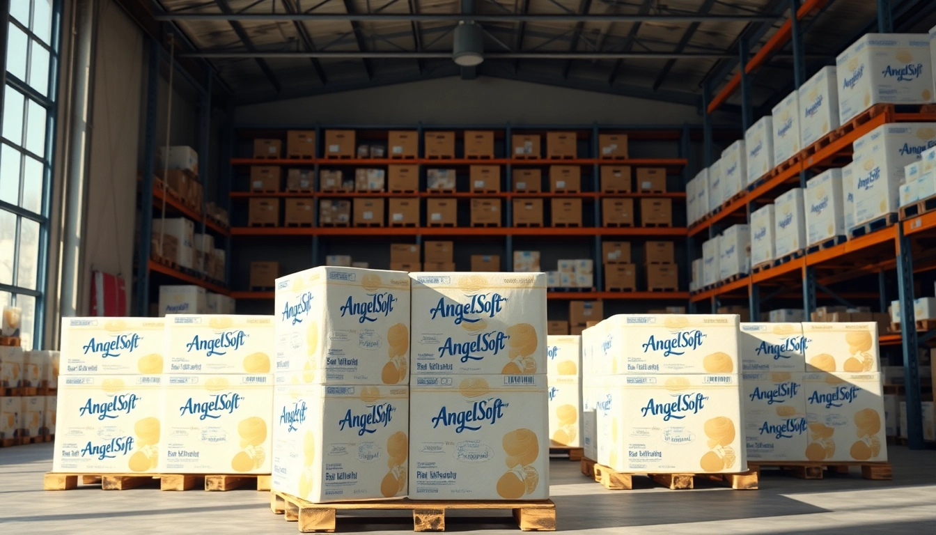 Visual of stacked Angel Soft Toilet Paper Pallets in a well-organized warehouse setting.