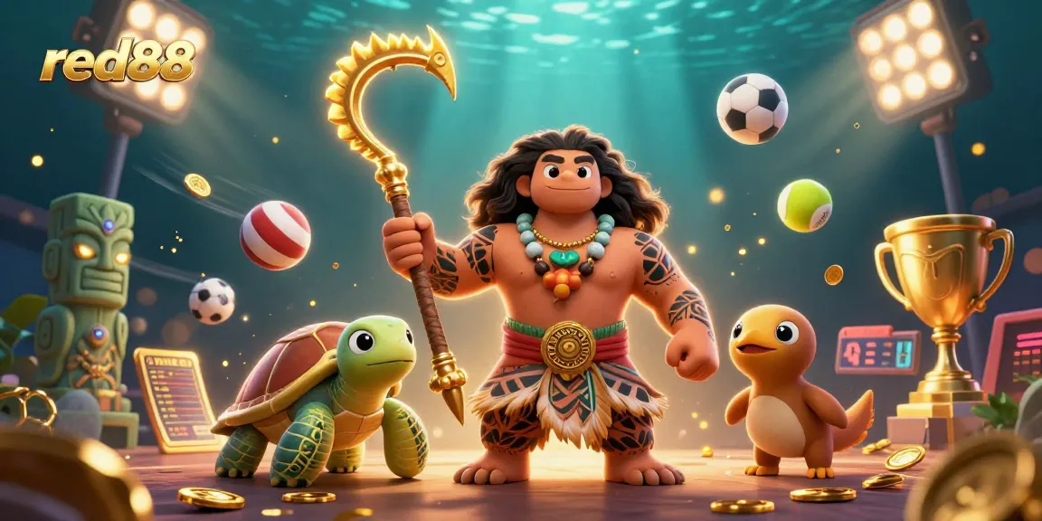 Win exciting bets with red88 while exploring a vibrant casino scene with Polynesian characters.
