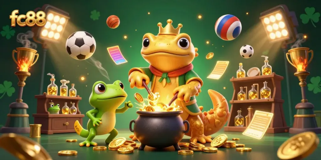 Experience the excitement of fc88 with golden alchemy and dynamic sports elements in a vibrant casino scene.