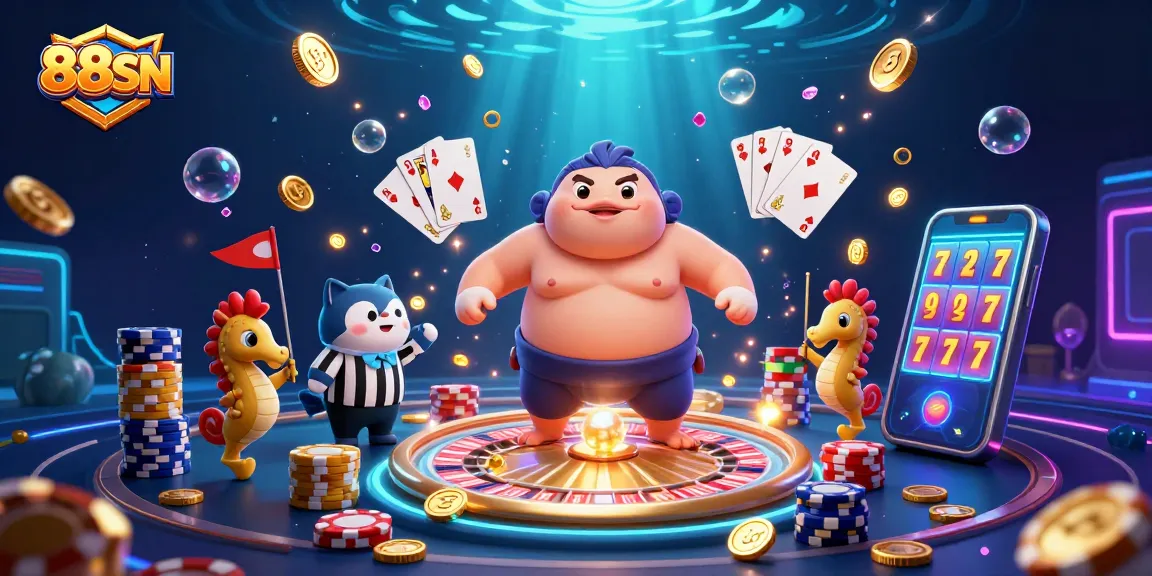 Experience thrilling gameplay at 88SN with vibrant underwater casino action featuring a fugu and catfish referee.