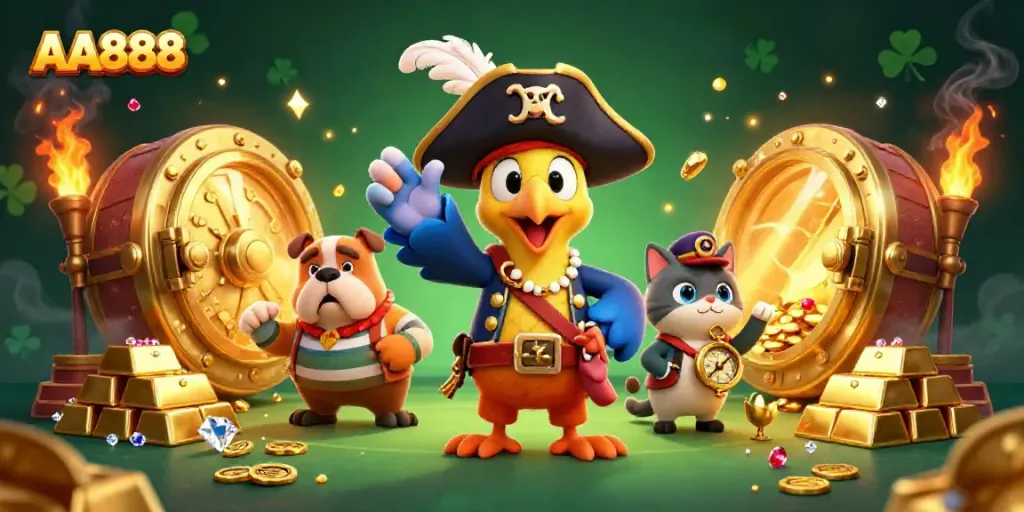 Experience the thrill of AA888 with a 3D cartoon pirate scene, gold treasures, and vibrant gambling elements.
