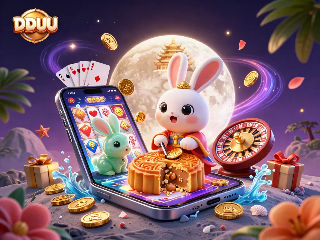 DDUU-themed casino illustration of a moon rabbit and jade companion surrounded by vibrant gambling elements.