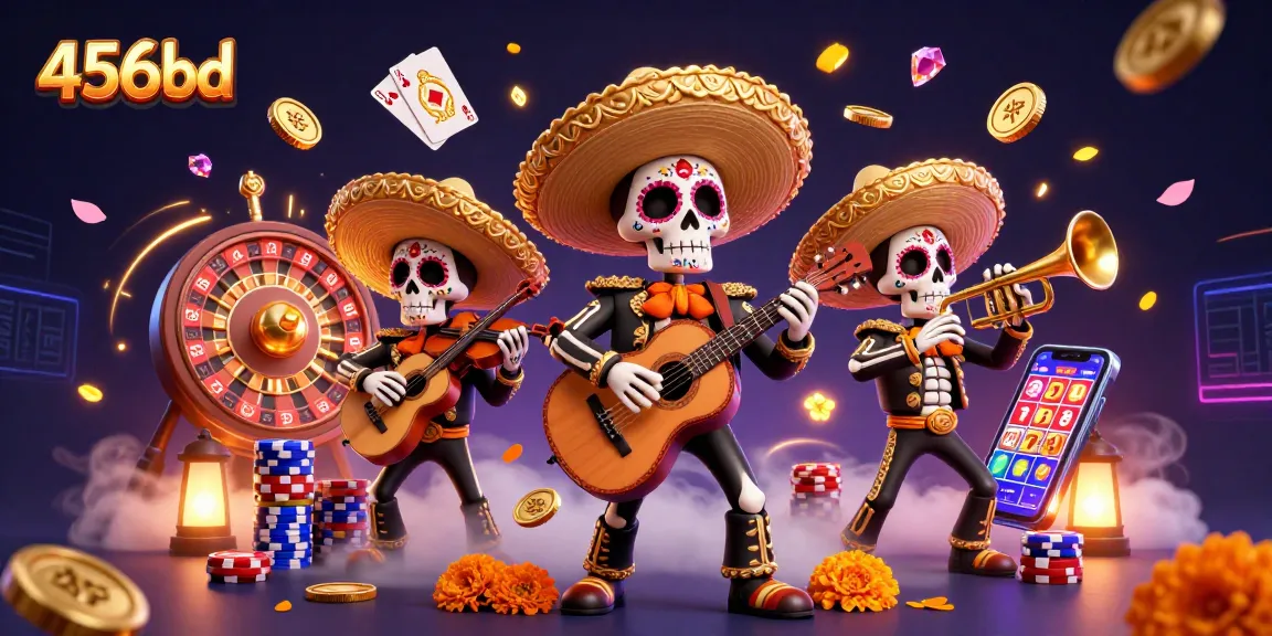 Experience the vibrant scene of 456bd's Day of the Dead skeleton mariachi band amidst cascading gems and coins.