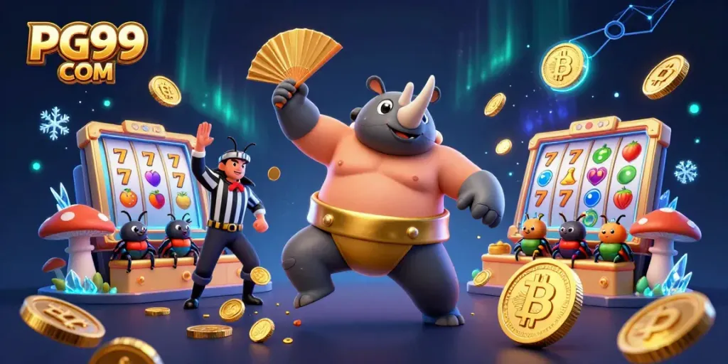 Join the thrilling action at PG99 COM, featuring a beetle sumo champion celebrating wins amidst golden coins and vibrant jackpot displays.
