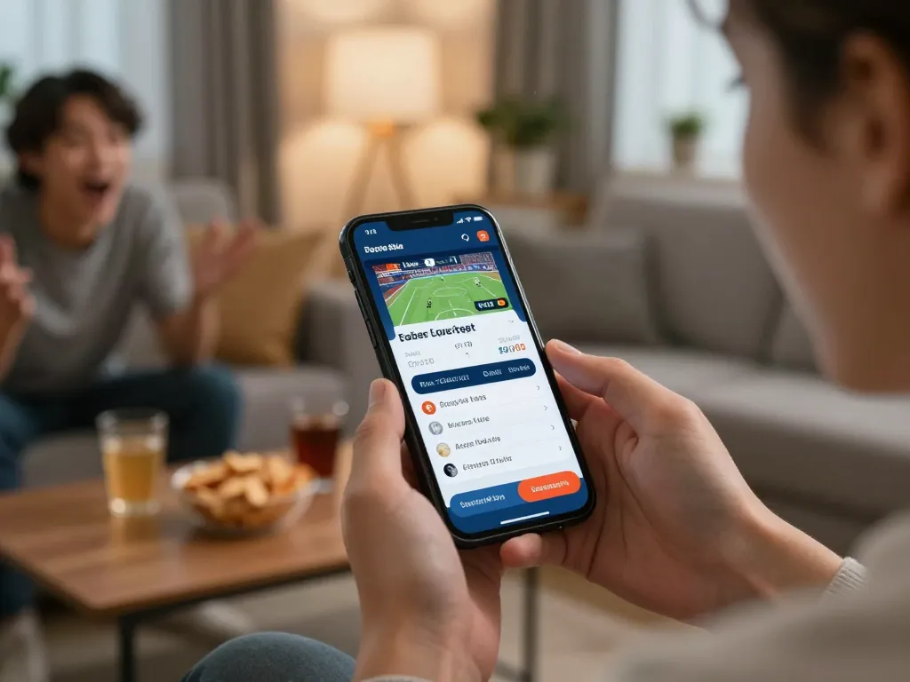 kp88 user placing sports bets on mobile device, enjoying thrilling live match atmosphere