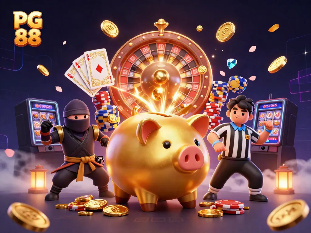 Engaging PG 88 illustration featuring a golden piggy bank sumo wrestler shaking coins amidst vibrant casino elements.