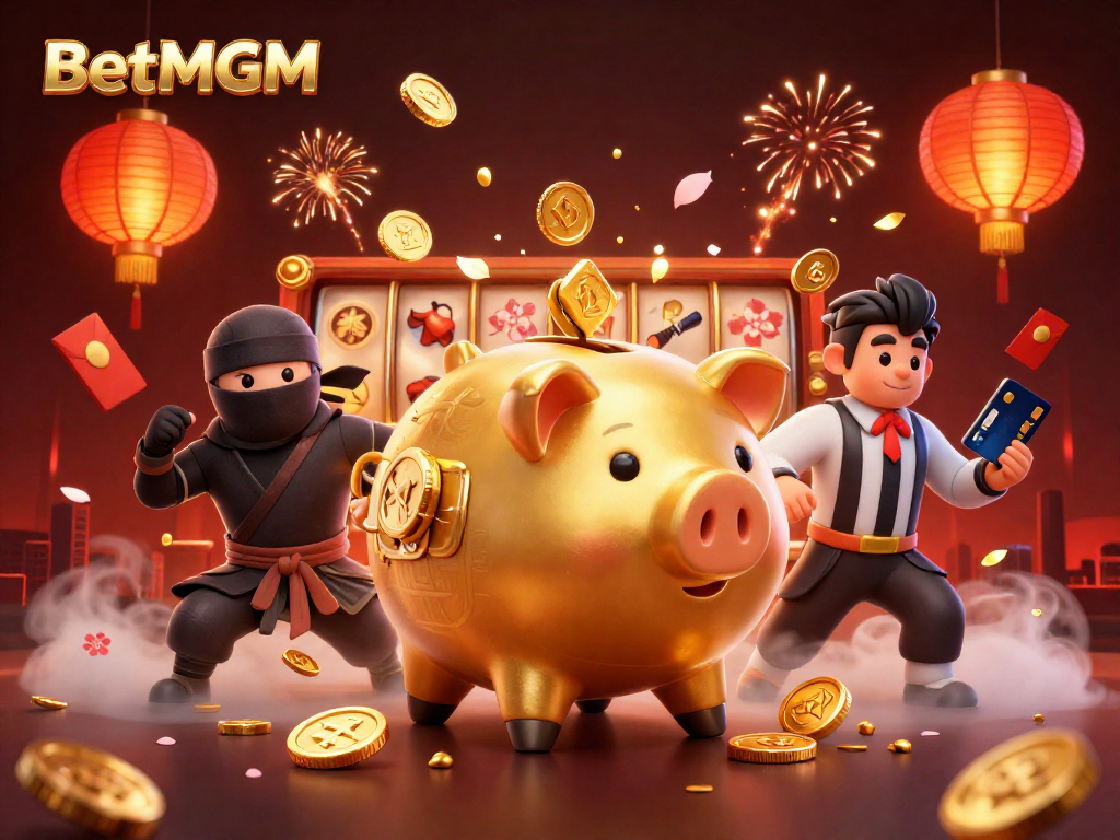 Experience a vibrant BetMGM casino scene featuring dynamic characters and festive elements.