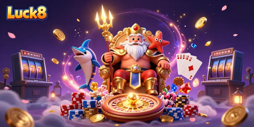 Experience the excitement at Luck8 with Neptune and dynamic casino elements in a vibrant scene.