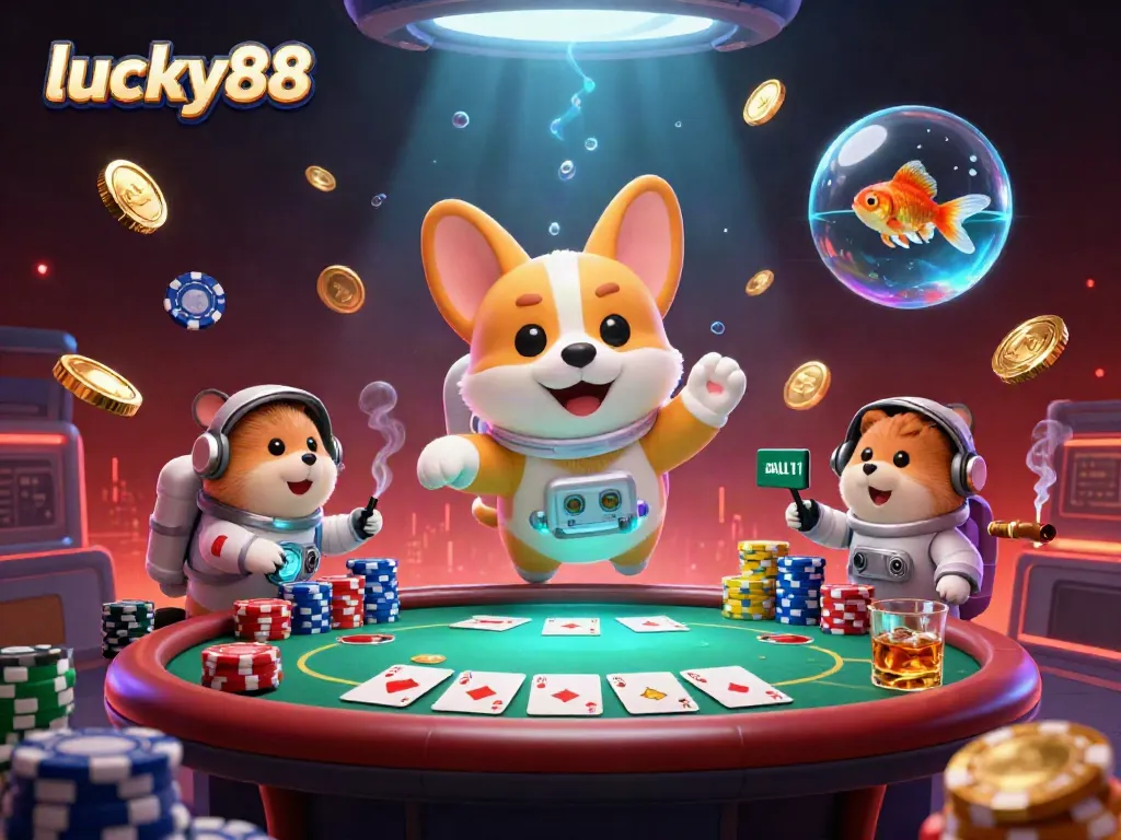 Experience thrilling gameplay with lucky88 as a 3D astronaut corgi floats in a vibrant casino.