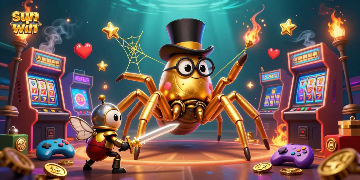Experience thrilling gameplay at sun win with a dynamic golden tarantula and beetle knight in an exciting casino scene.