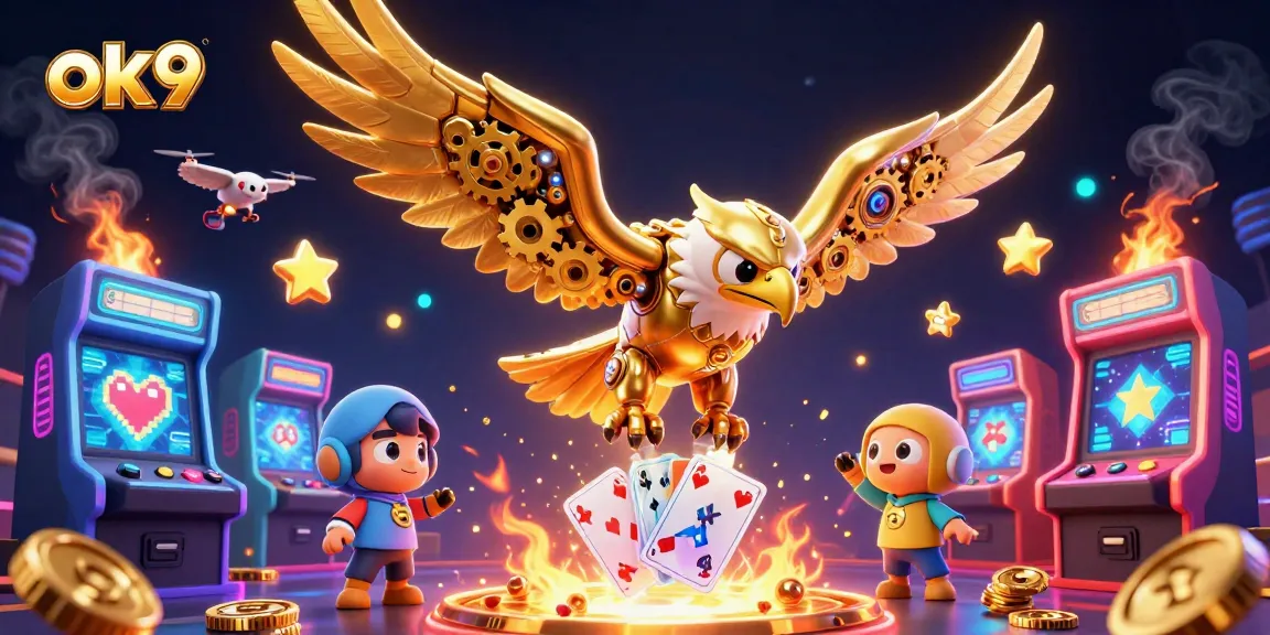 Engage in thrilling gameplay at ok9 with a dynamic scene featuring a diving golden eagle amidst casino-themed illustrations.