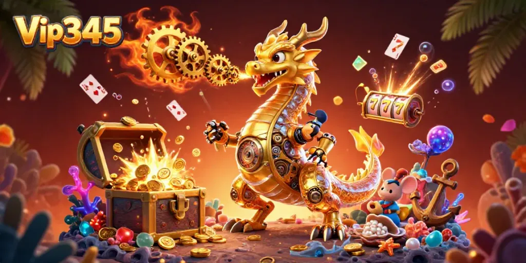 Experience the thrilling world of Vip345 as a golden dragon breathes gears among bursting treasure!