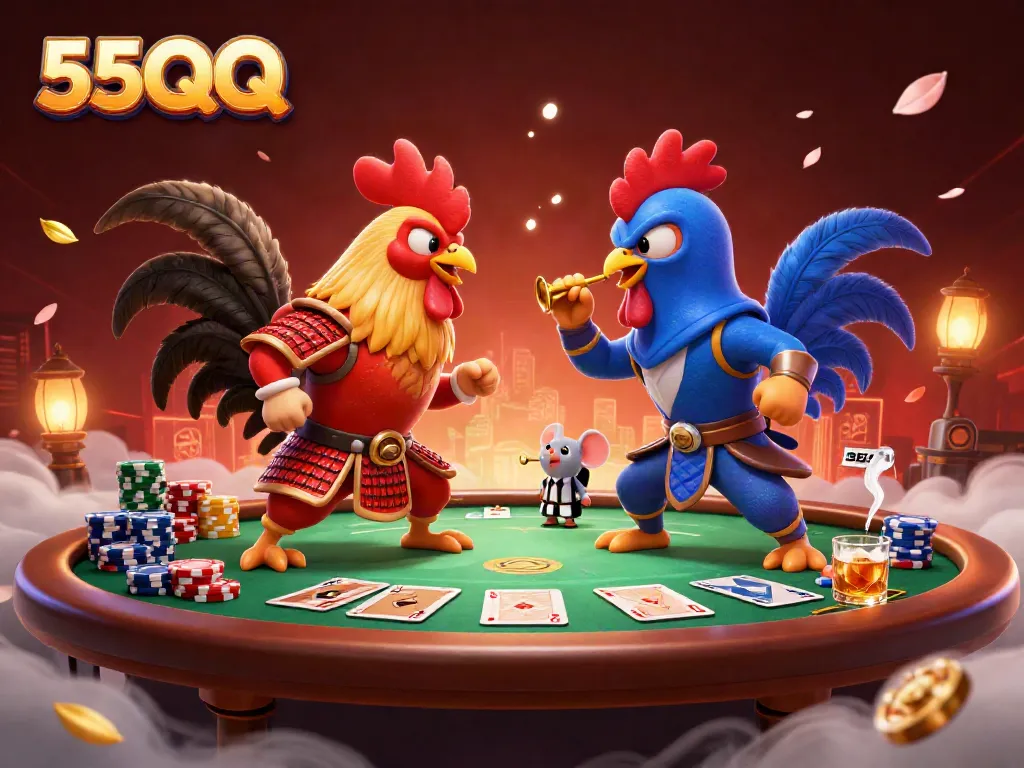 Experience the thrilling standoff in 55QQ with cartoon fighting roosters at the poker table.