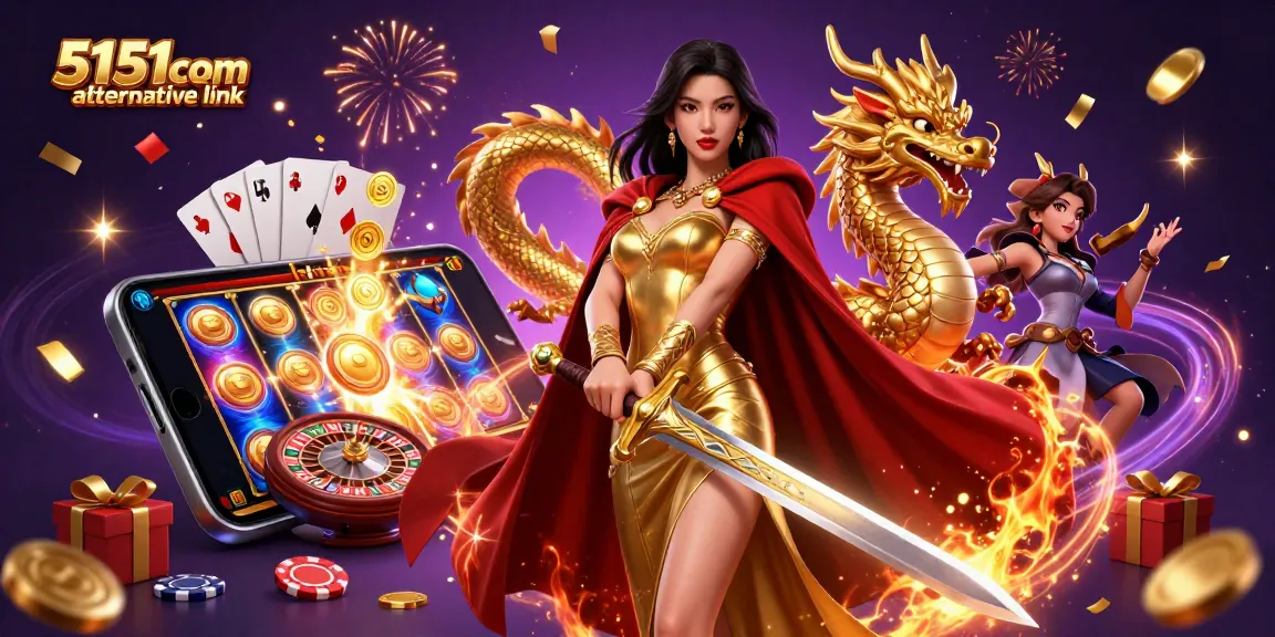 Experience excitement with the 5151com alternative link in this thrilling casino scene featuring a warrior queen and game elements.