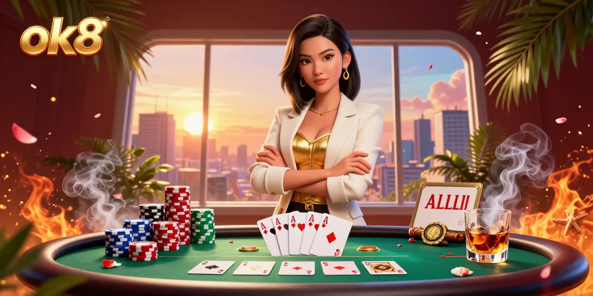 Experience exhilarating poker action at ok8 with an elegant dealer presenting winning hands amidst vibrant casino decor.