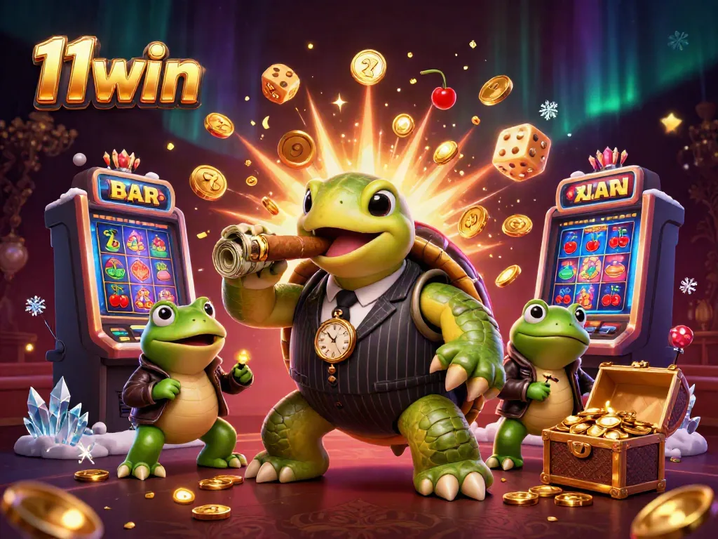 Engage with 11win's vibrant casino experience featuring a quirky turtle and dynamic scene elements.