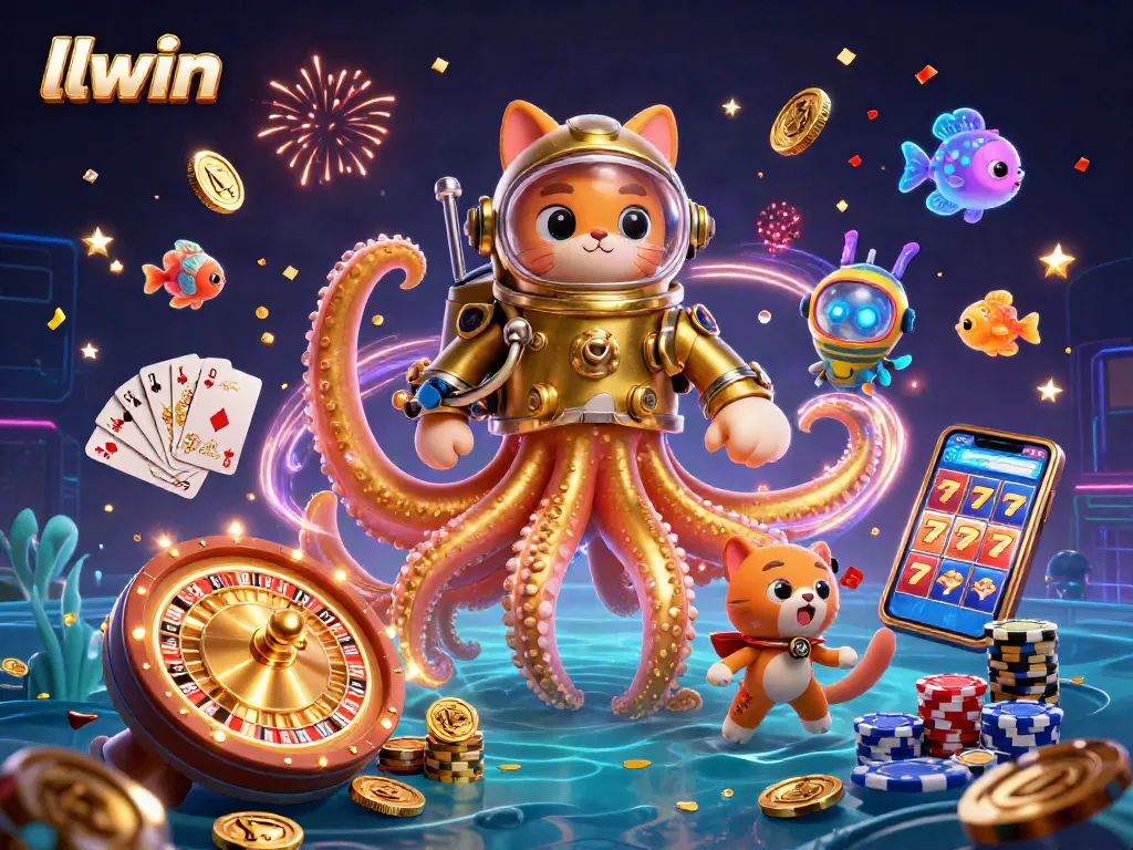 Experience thrilling wins at llwin with vibrant 3D gaming scenes featuring a kraken and diverse casino elements.