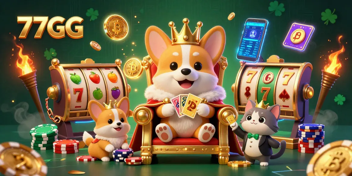 Experience vibrant slots at 77GG captured in a rich 3D scene with royal corgi, slot reels, and crypto coins.