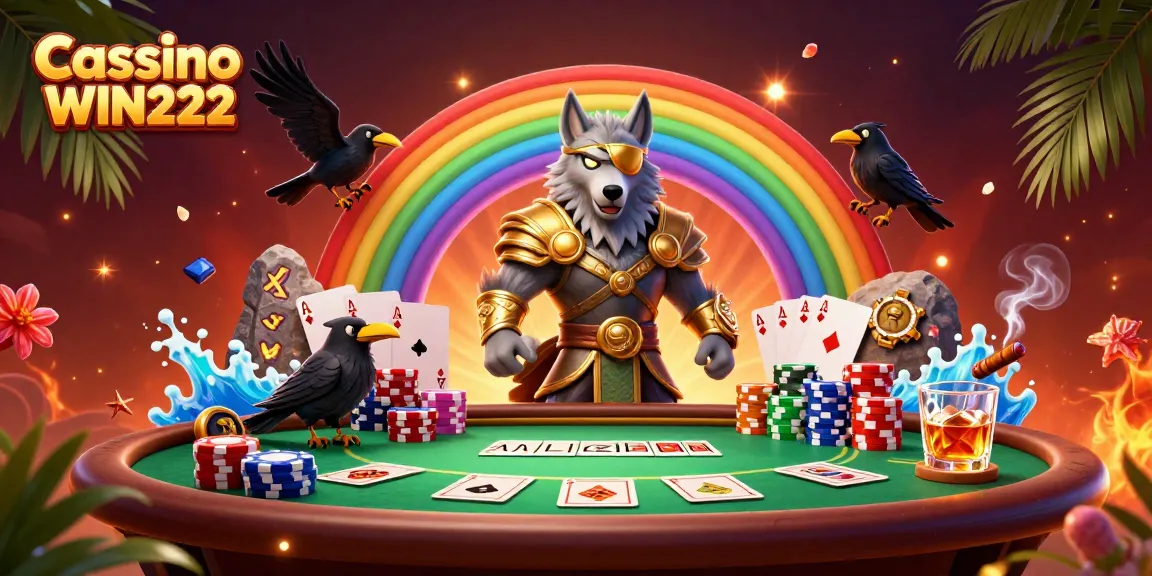 Experience gaming thrills at Cassino WIN222 with an epic 3D illustration of Odin and ravens amidst vibrant casino elements.