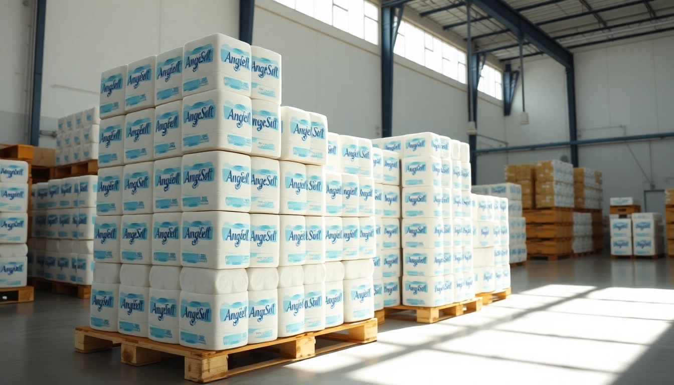 Showcasing Angel Soft Toilet Paper Pallets stacked neatly in a bright, organized warehouse environment.
