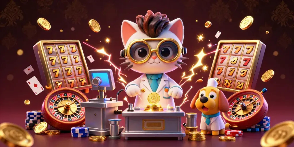 Experience the vibrant 789f casino world with a mad scientist cat and lab assistant dog crafting riches.