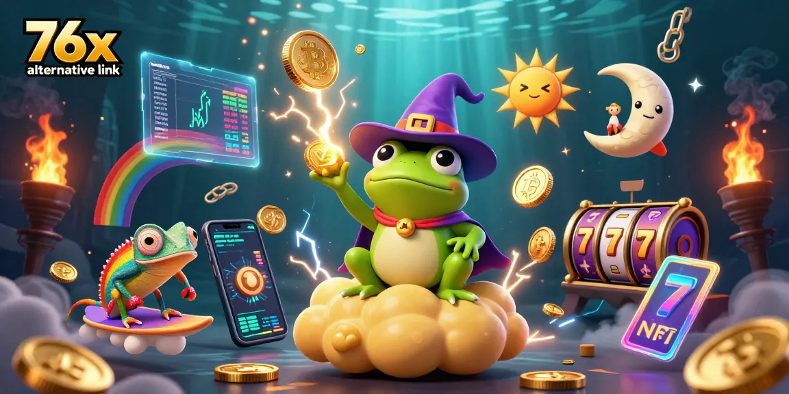 Experience the thrill of winning with the 76x alternative link as a charming wizard frog conjures golden coins in a vibrant casino setting.