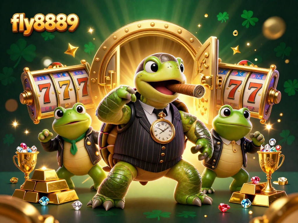 Experience the thrill of fly8889 as animated turtles and bullfrogs celebrate jackpot wins amidst sparkling treasures.