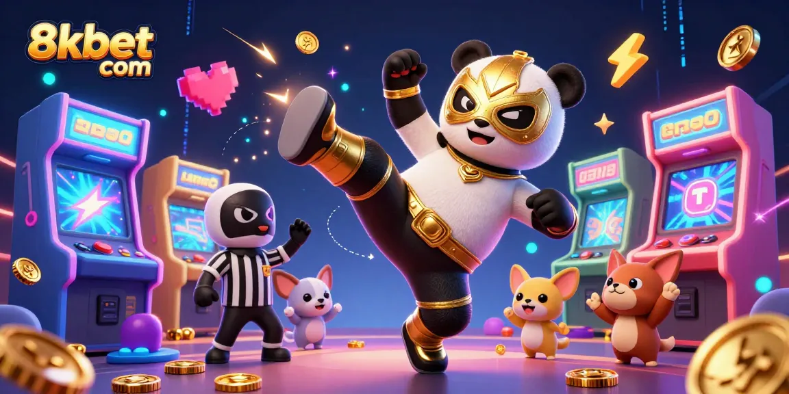 Watch 8xbet com with a panda wrestler in action amidst lively gambling themes and gaming machines.