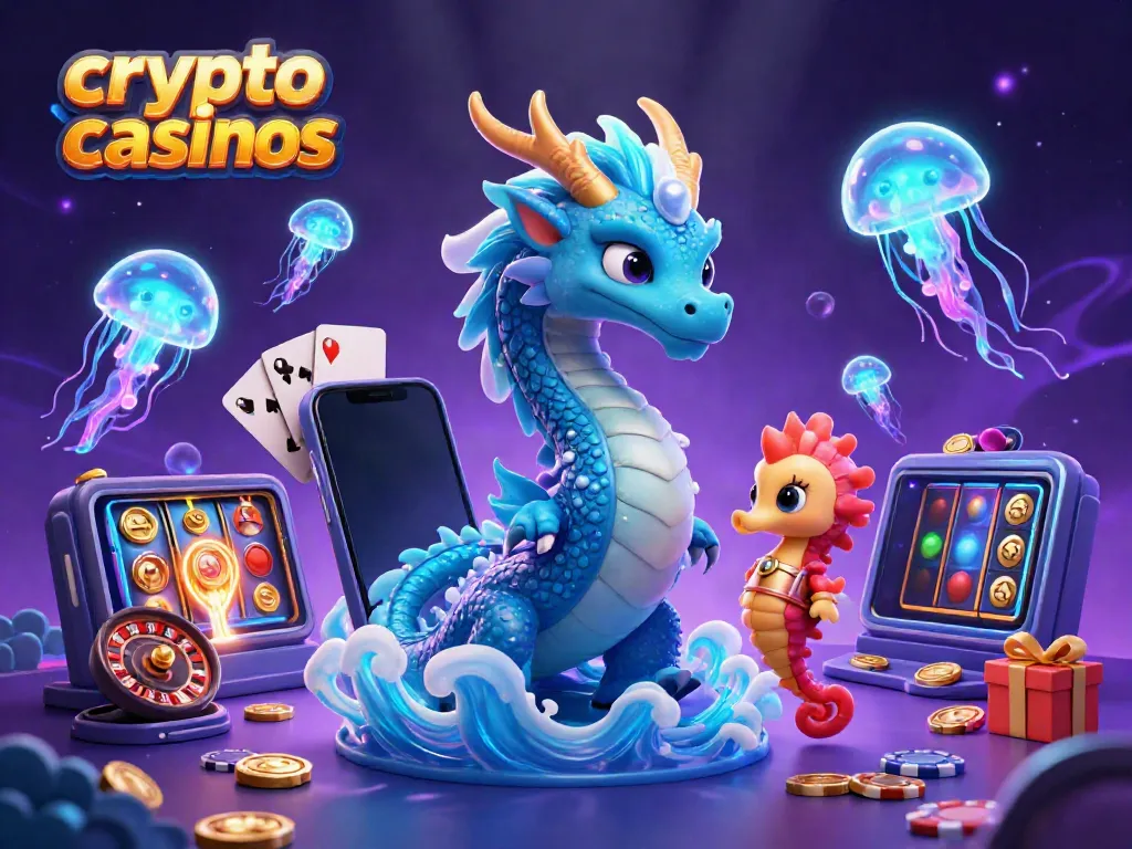 Engage in crypto casinos with a fantastical underwater scene featuring a dragon, seahorse knight, and vibrant game elements.
