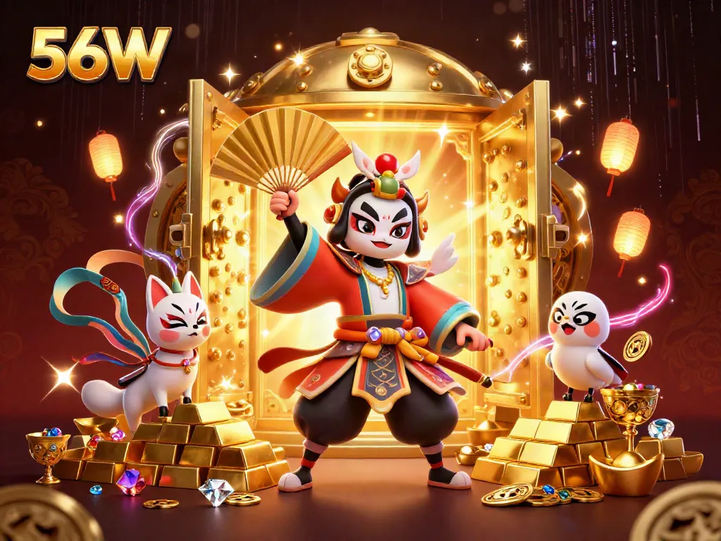 Experience thrilling gaming at 56W with a vibrant 3D scene showcasing unique characters and rich treasures.