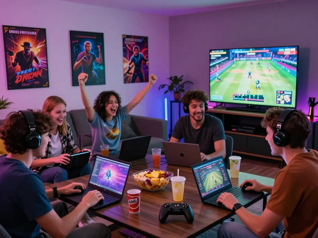 Enthusiastic gamers enjoying free porn games in a vibrant lounge with colorful lighting and snacks.