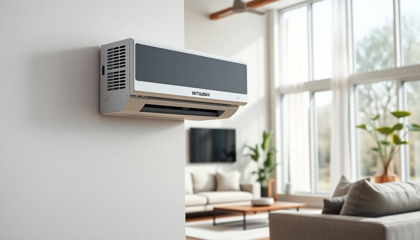 A sleek Mitsubishi mini split AC unit enhances a modern living room's aesthetic and comfort.