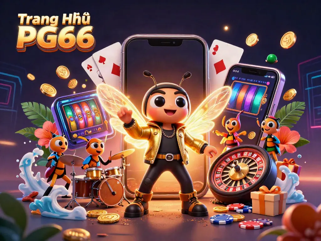 Experience the excitement of Trang Chủ PG66 with a vibrant 3D casino scene featuring a cicada rock star leading the fun.