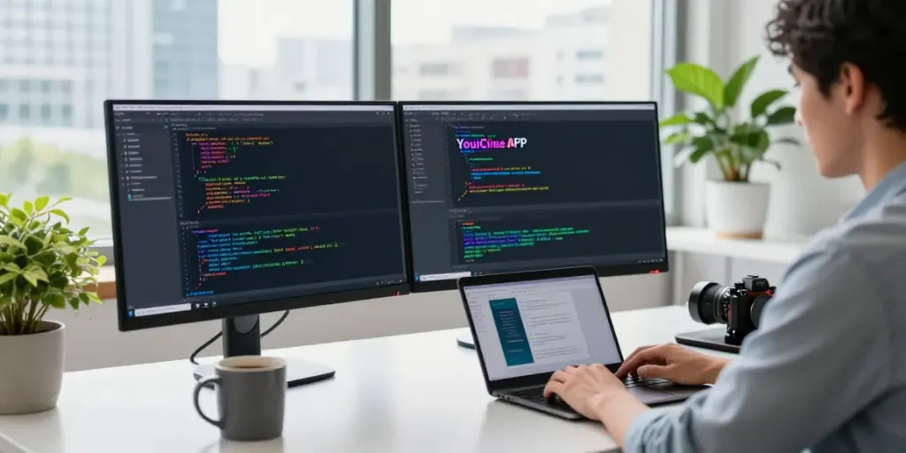 Ambiente de desenvolvimento de software com Youcine APK Versões Antigas em destaque e desenvolvedor trabalhando.