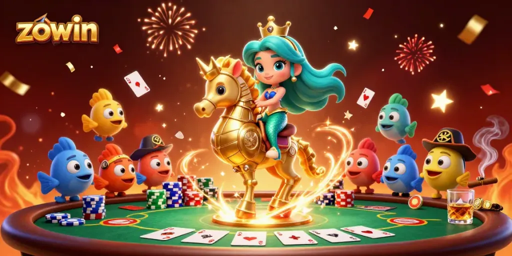 Zowin offers thrilling poker excitement with a mermaid, seahorse, and colorful fish amidst vibrant casino elements.