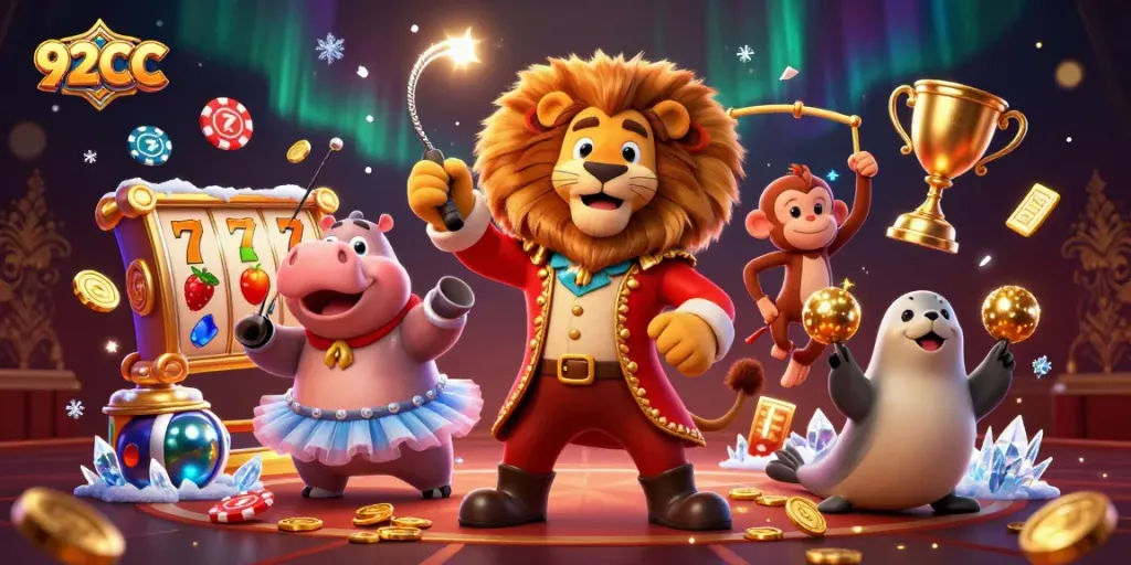 Engage in thrilling 92CC slots with a vibrant cartoon scene of circus characters and spinning reels.