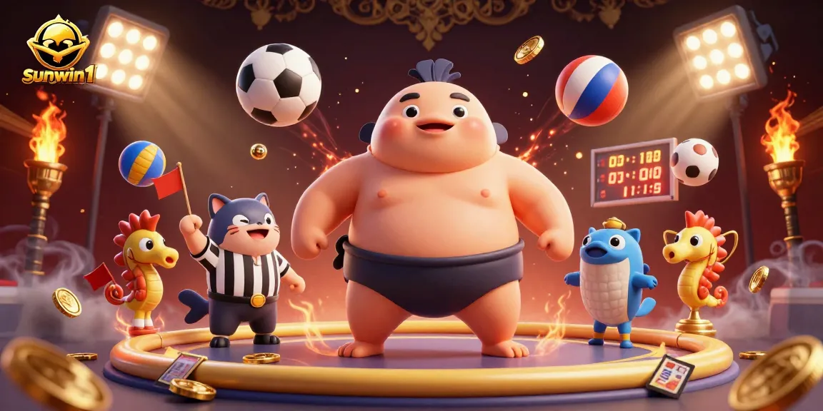 Engage with sunwin1’s vibrant casino action featuring a fugu in a sumo belt amidst dynamic sports balls.